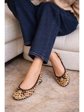 Tory Burch Leopard Print Calf Hair Ballet Flats Gold Logo Brown Women’s Size 5.5